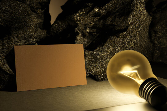 Business card leaning against a stone and yellow light from the front light bulb. 3D Render.