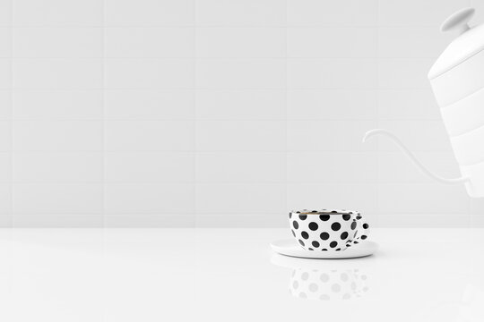 Black polka dot coffee mug on a white table and kettle, minimal idea concept, 3D Render.
