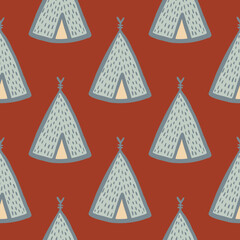 Geometric teepee seamless pattern on red background. Tribal wallpaper. © smth.design