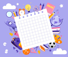 Concept Of Back To School. A Piece of Paper In a Cage With School Theme Infographic Around, For Retail Marketing Promotion And Advertisement. Cartoon Linear Outline Flat Style Vector Illustration