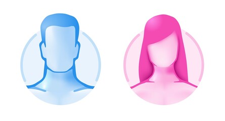 Gender avatar profile of a man and a woman in a circle. Volume 3d portrait of symbol healthy people. Anonymous default users are male and female bare. For dating, clothes, wc and other signs.
