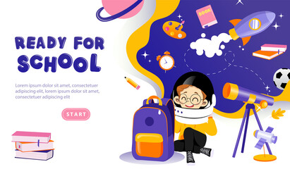 Concept Of Astronomy And Back To School. Website Landing Page. Boy In Space Helmet Astronomer Ready For Studying At School, Sitting Near Big Telescope. Web Page Cartoon Flat Vector Illustration