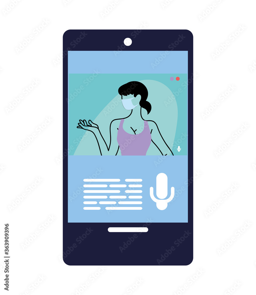 Poster woman on video call by smart cell phone