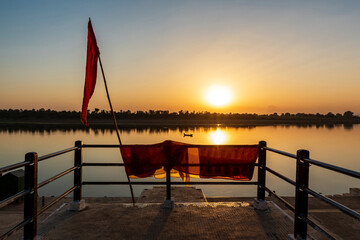 Scenic view of holy river Narmada at Hathnora Ghat, Madhya Pradesh, India.