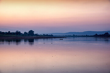 Scenic view of holy river Narmada at Hathnora Ghat, Madhya Pradesh, India.