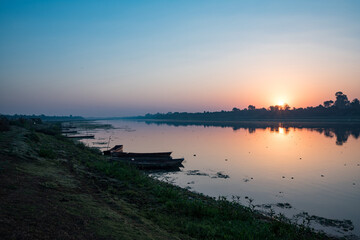 Fototapeta na wymiar Morning view of beautiful River Narmada at Shahganj near Budhni, Madhya Pradesh, India.