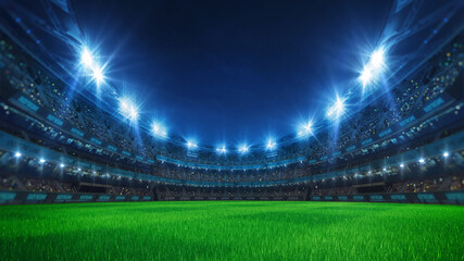 Sport stadium with grandstands full of fans, shining night lights and green grass playground. Digital 3D illustration of sport stadium for background use. © LeArchitecto