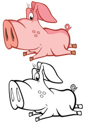 Vector Illustration of a Cute Cartoon Character Pig for you Design and Computer Game. Coloring Book Outline Set