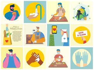 Set of posters with hands washed clean. Meal protected from virus. Healthcare purpose set of illustration. Vector illustration in modern flat style. Corona virus protection concept.