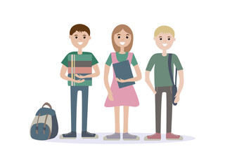 Fototapeta premium Three students school standing together holding books and backpack.Vector illustration cartoon character
