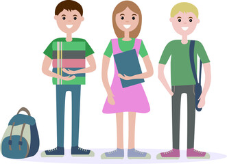 Three students school standing together holding books and backpack.Vector illustration cartoon character