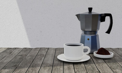 Portable coffee Moka pot for making espresso. Aluminum coffee pot. Use with gas stoves or magnetic stoves. white plaster wall  and  wooden table. White mug and dish.  3d rendering.