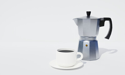 Portable coffee Moka pot for making espresso. Aluminum coffee pot. Use with gas stoves or magnetic stoves. white background and wallpaper. Black coffee in white mug. 3d rendering.