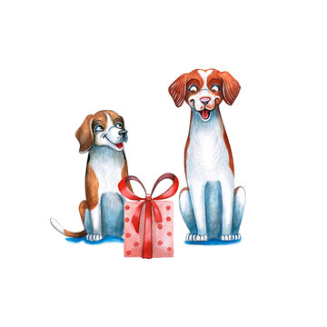 Watercolor illustration of a funny dogs. Cute dog isolated on white background. Watercolor hand-drawn illustration. Animal Clip Art. Clipart.
 Watercolor cartoon style illustration.