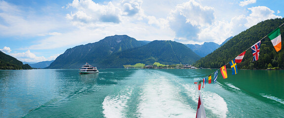 excursion with the passenger liner at lake achensee austria, summer landscape