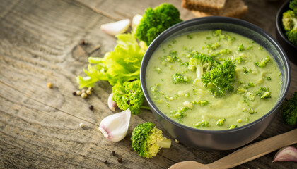 Fresh broccoli soup on the wooden table