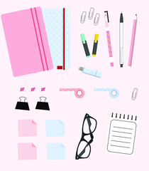 Notebooks, notes, paper clips, vector graphics
