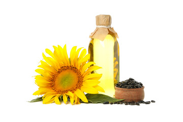 Sunflower, seeds and oil isolated on white background