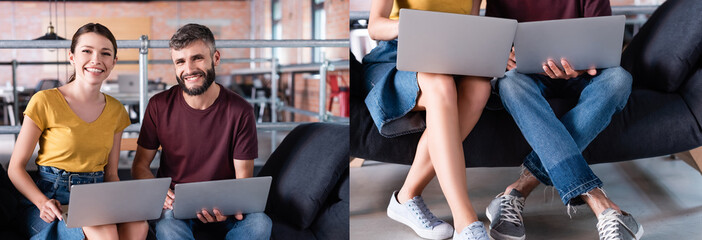 collage of positive businessman and businesswoman using laptops while sitting on sofa