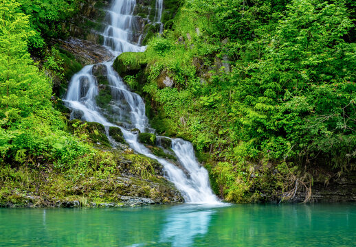 Beautiful waterfall in the rocky mountains. Carpathians.