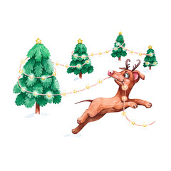 Watercolor illustration of a funny dogs. Cute dog isolated on white background. Watercolor hand-drawn illustration. Animal Clip Art. Clipart. Watercolor cartoon style illustration.