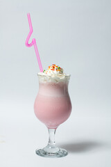 milkshake cocktail with pink straw and marshmallow isolated