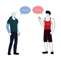 men with mask talking by bubble