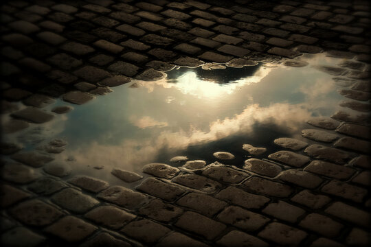 High Angle View Of Clouds Reflection In Puddle On Cobblestone Street