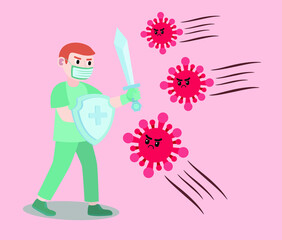 Fight and protect COVID-19 Coronavirus outbreak concept, Doctor wearing sanitary mask and gloves holding protective shield and sword to protect from COVID-19 coronavirus pathogens.