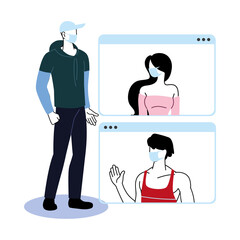 people with masks communicating by video call