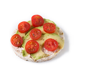 Puffed rice cake with tomatoes and avocado isolated on white background. Copy space