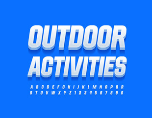 Vector sportive logo Outdoor Activities with White stylish Font. 3D trendy Alphabet Letters and Numbers