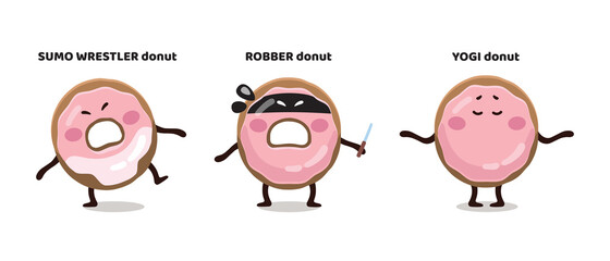 Funny kids characters stickers of pink glazed donut: sumo wrestler, robber, yoga instructor