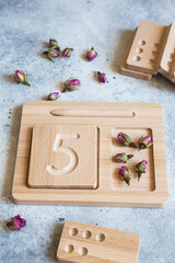 Wooden counting and writing trays - learning resource for educating littles on number writing, fine motor skills, hand eye coordination, mathematical skills. Wooden kids toys. Counting game