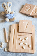 Wooden counting and writing trays - learning resource for educating littles on number writing, fine motor skills, hand eye coordination, mathematical skills. Wooden kids toys. Counting game