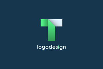 Initial Letter T Logo. Green and White Geometric Shape Origami Style with Shadow isolated on Blue Background. Usable for Business and Branding Logos. Flat Vector Logo Concept Design Template Element