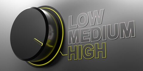 High performance concept. Black knob for rotary switch and yellow scale on grey background, 3d illustration