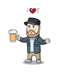 ПечатьCartoony character beard man hipster with beer mug. Beer love concept. Oktoberfest