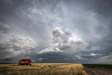 Farm Equipment on the Great Plains Awaiting Work as Storms Approach