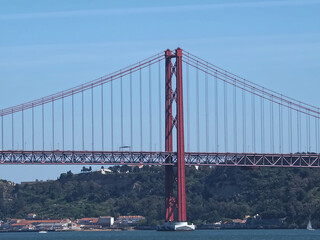 Seagull flying over red bridge ponte 25 de abril
