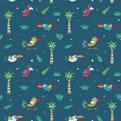 Parrots and tropical plants seamless pattern in vintage colors. Cartoon illustration