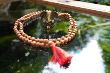 Ganesha sitting on glas with a Male around him.