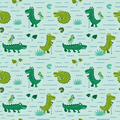 Cartoon seamless pattern with crocodiles, parrots and plants. Kids illustration 