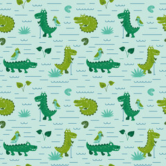 Cartoon seamless pattern with crocodiles, parrots and plants. Kids illustration 