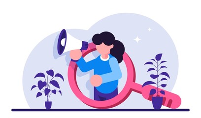 Marketing concept. Promotion of goods or services. A girl in the background of a large magnifying glass speaks in a loudspeaker. Modern flat illustration.