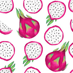 Hand Drawn Pitaya Fruit Illustration. Seamless pattern Dragon Fruit background. Trend print for summer textiles. Fashionable pattern.