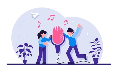 Sound record concept. Group of people standing near microphone and sing a song. Modern flat illustration.