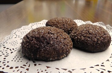 Chocolate cookies on the table. Chocolate treat.
