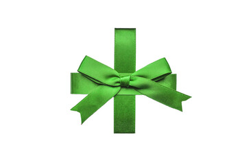 Green ribbon bow decoration isolated on white background.