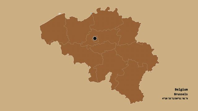 Luxembourg, province of Belgium, with its capital, localized, outlined and zoomed with informative overlays on a solid patterned map in the Stereographic projection. Animation 3D
